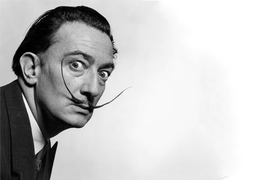 A black and white photograph of Salvador Dali.